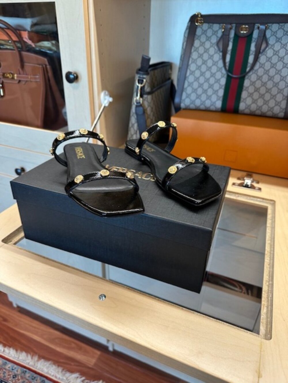 Versace Black Leather Medusa Studded Black Size 38.5 Sandals
